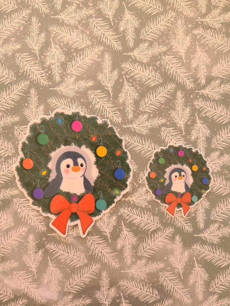 Cute Christmas Penguin in a Holiday Wreath - Vinyl Christmas Sticker