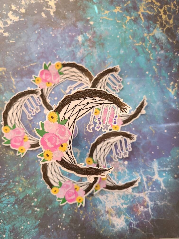 Floral Wreath Cresent Dreamcatcher with Peonies and Daisies with Moon and Star Charms - Laminated Vinyl Sticker