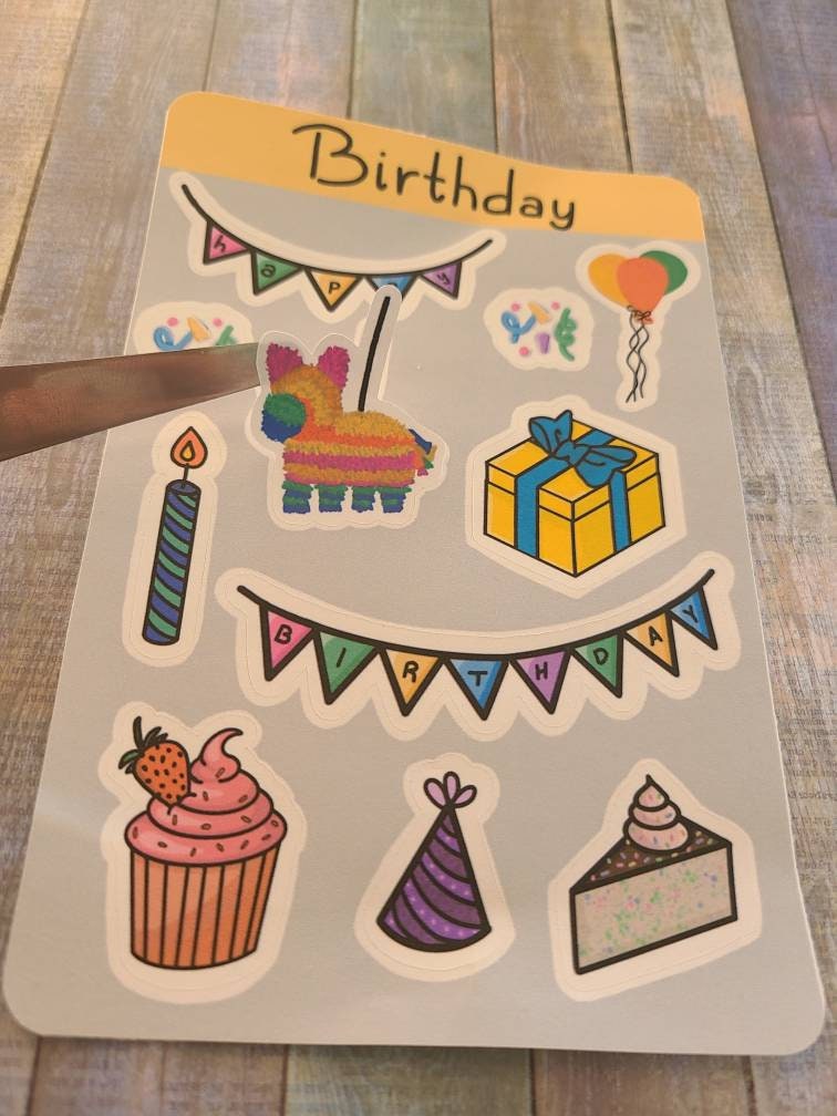 Happy Birthday Fun Sticker Sheet, 4 inch x 6 inch, Multi Colored, Journaling Stickers, Laptop, Waterbottle, Scrapbook Stickers