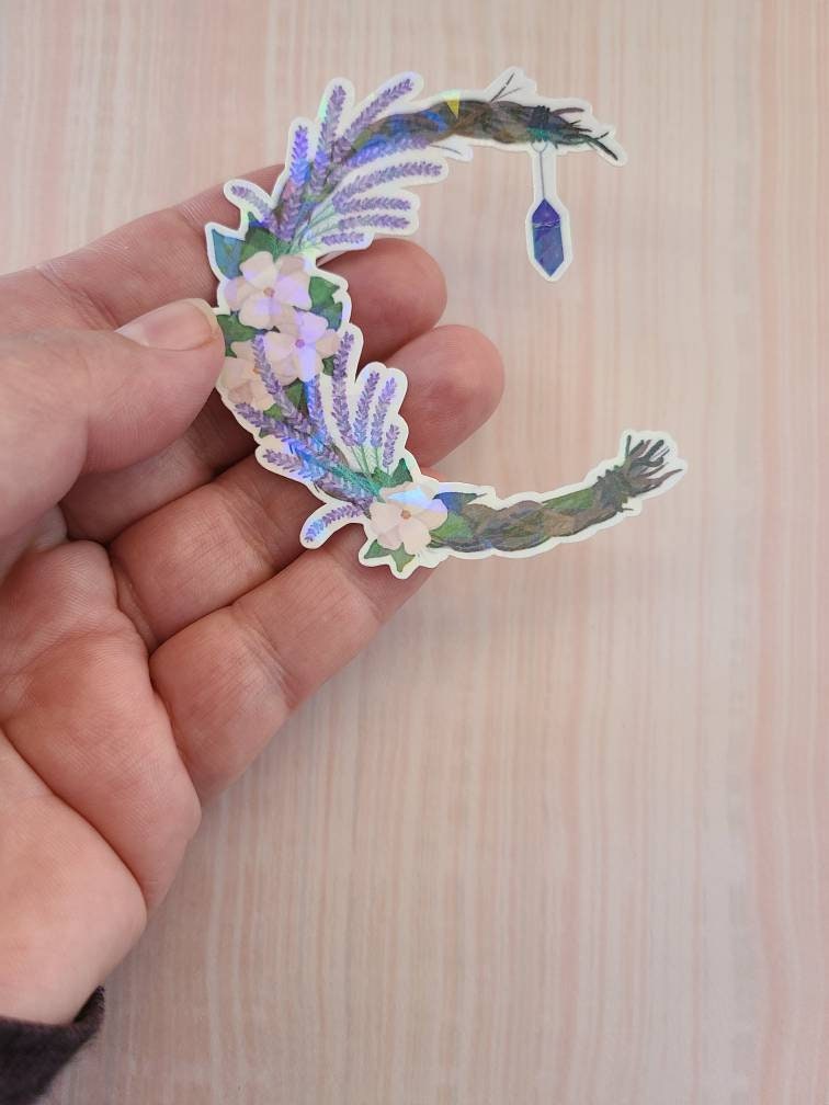 Lavender Cresent Wreath with Hanging Purple Crystal - Laminated Vinyl Sticker
