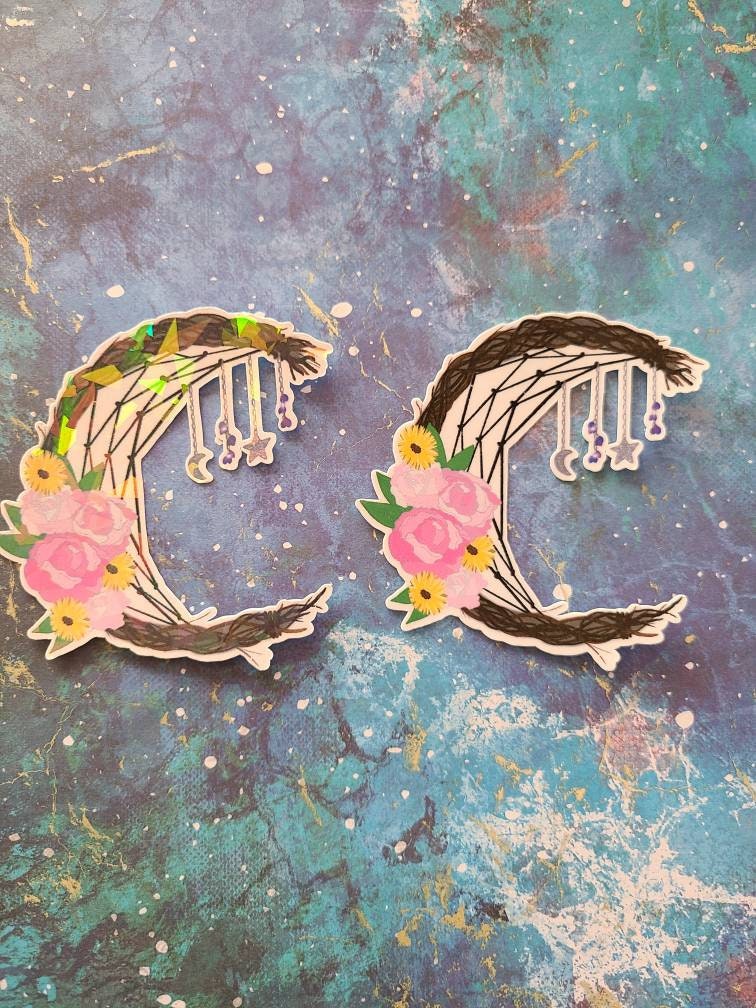 Floral Wreath Cresent Dreamcatcher with Peonies and Daisies with Moon and Star Charms - Laminated Vinyl Sticker