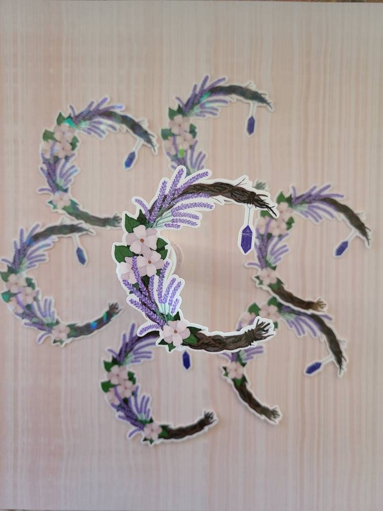 Lavender Cresent Wreath with Hanging Purple Crystal - Laminated Vinyl Sticker