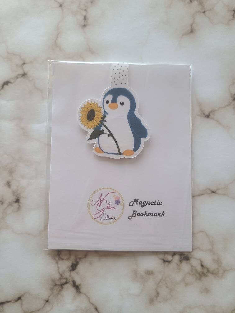 Penguin with Sunflower Magnetic Bookmark