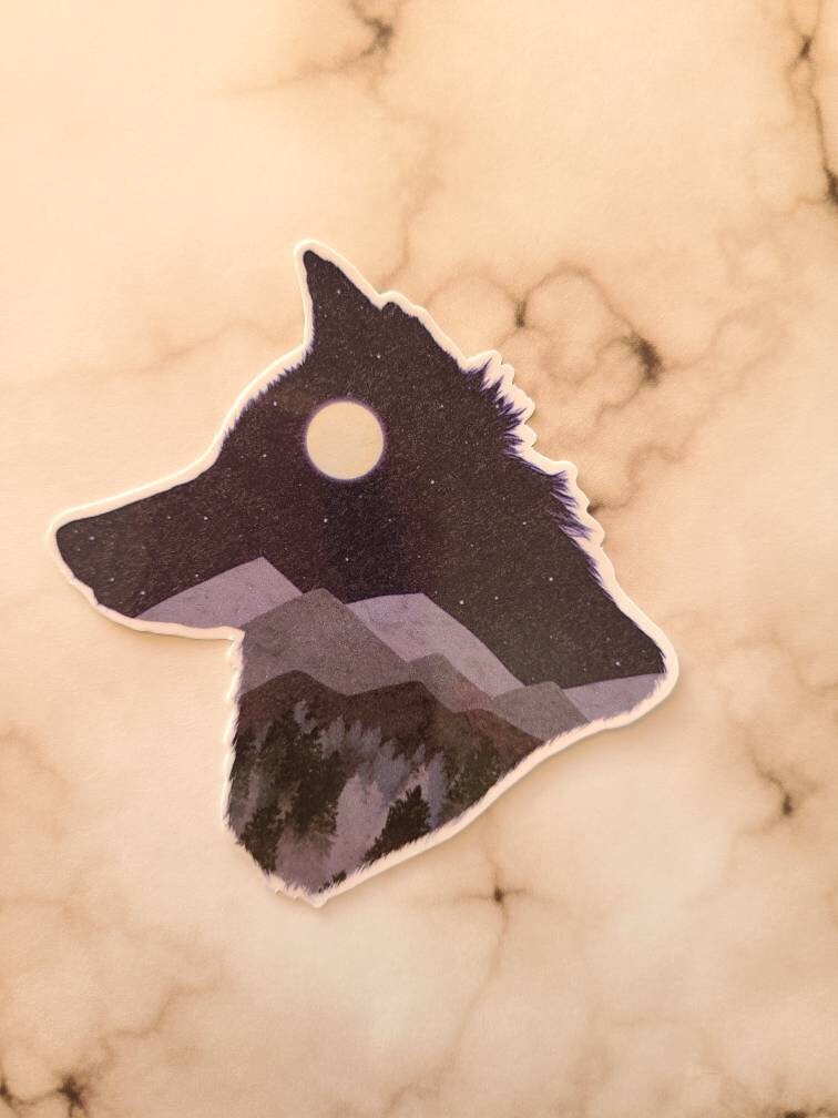 Wolf Head Silhouette with Full Moon and Mountains - Vinyl Sticker