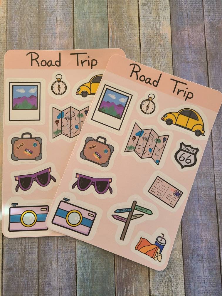 Road Trip Travel Sticker Sheet, 4 inch x 6 inch, Multi Colored, Journaling Dtickers, Laptop, Waterbottle, Scrapbook Stickers
