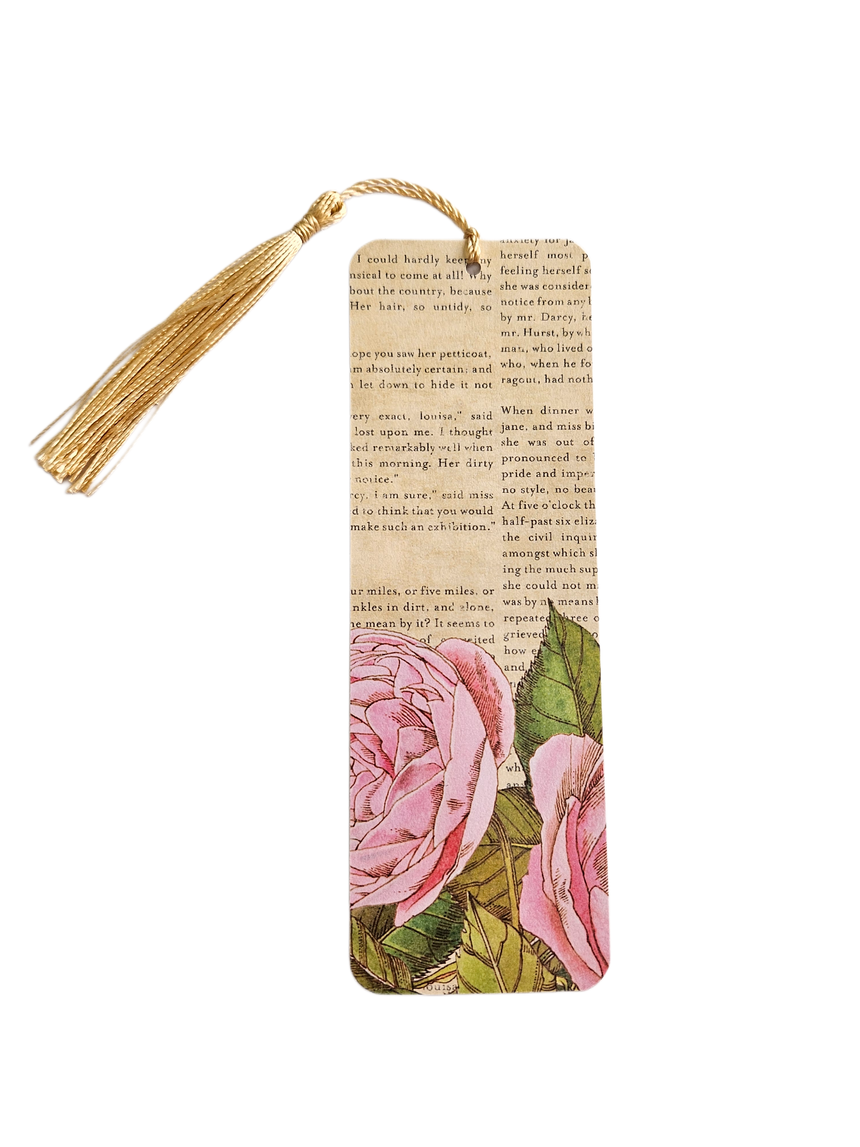 Handmade Laminated Bookmark with Tassel- Pride and Prejudice Vintage Rose