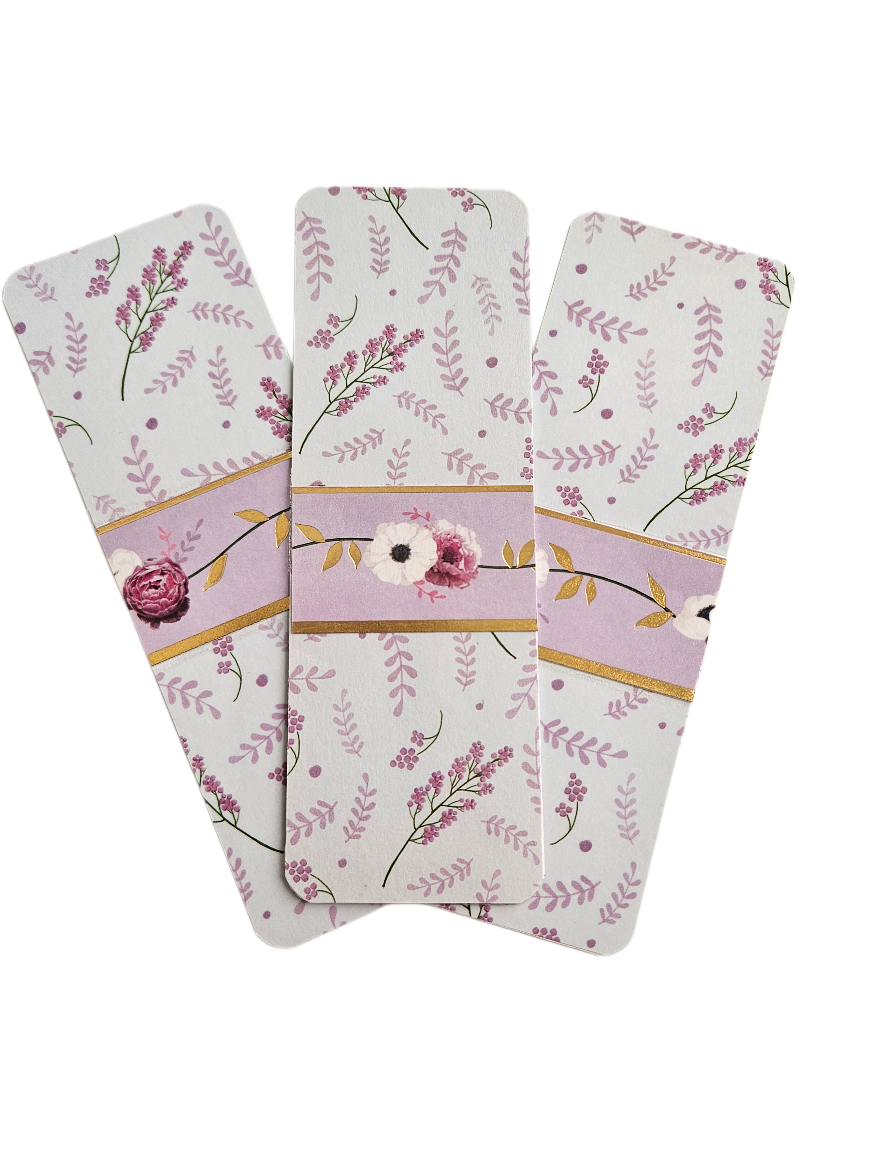 Handmade Laminated Bookmark- Whimsical Peonies and Poppies with Gold Embellishments