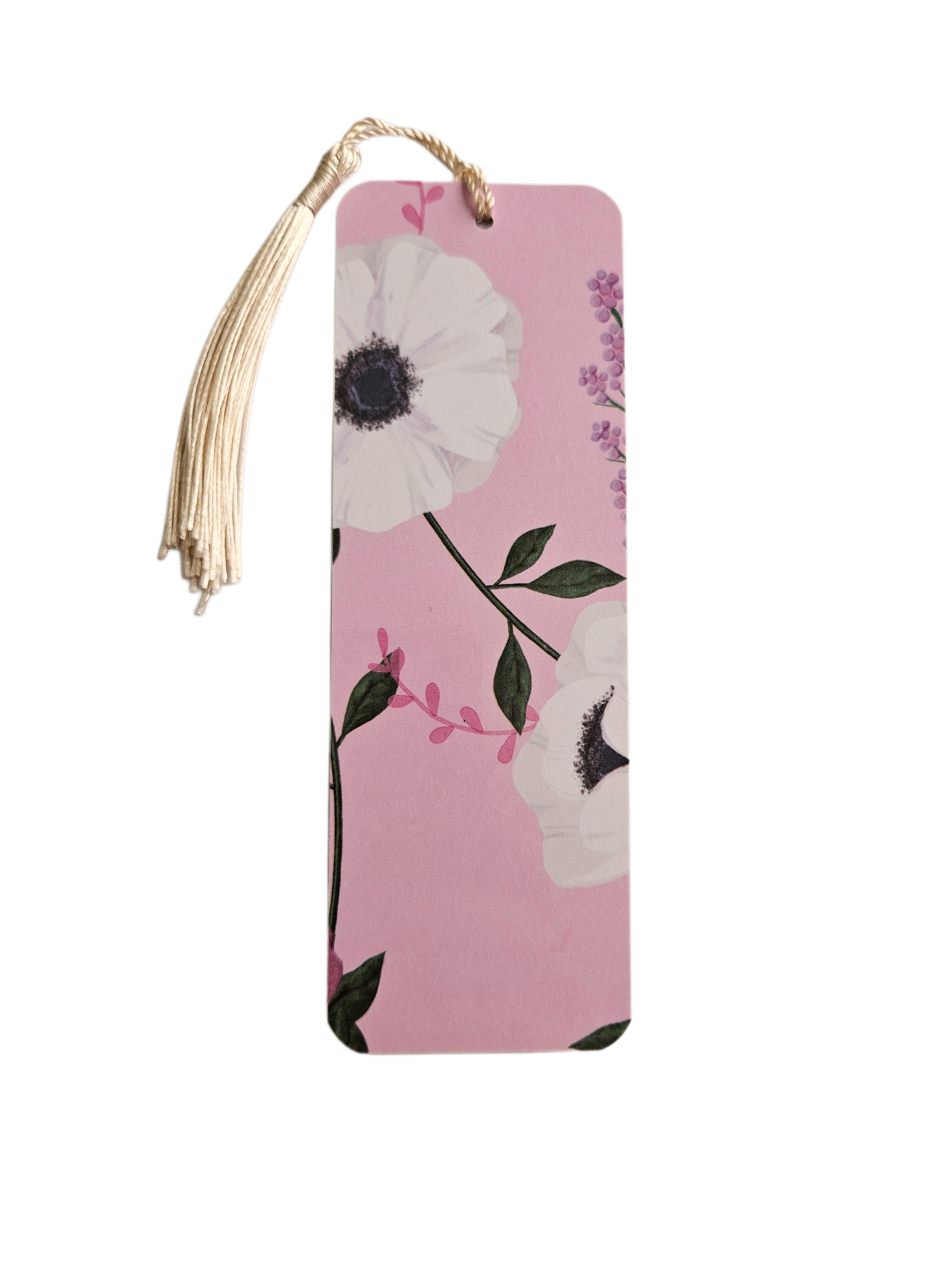 Handmade Laminated Bookmark with Tassel- Pink Peony and White Poppy