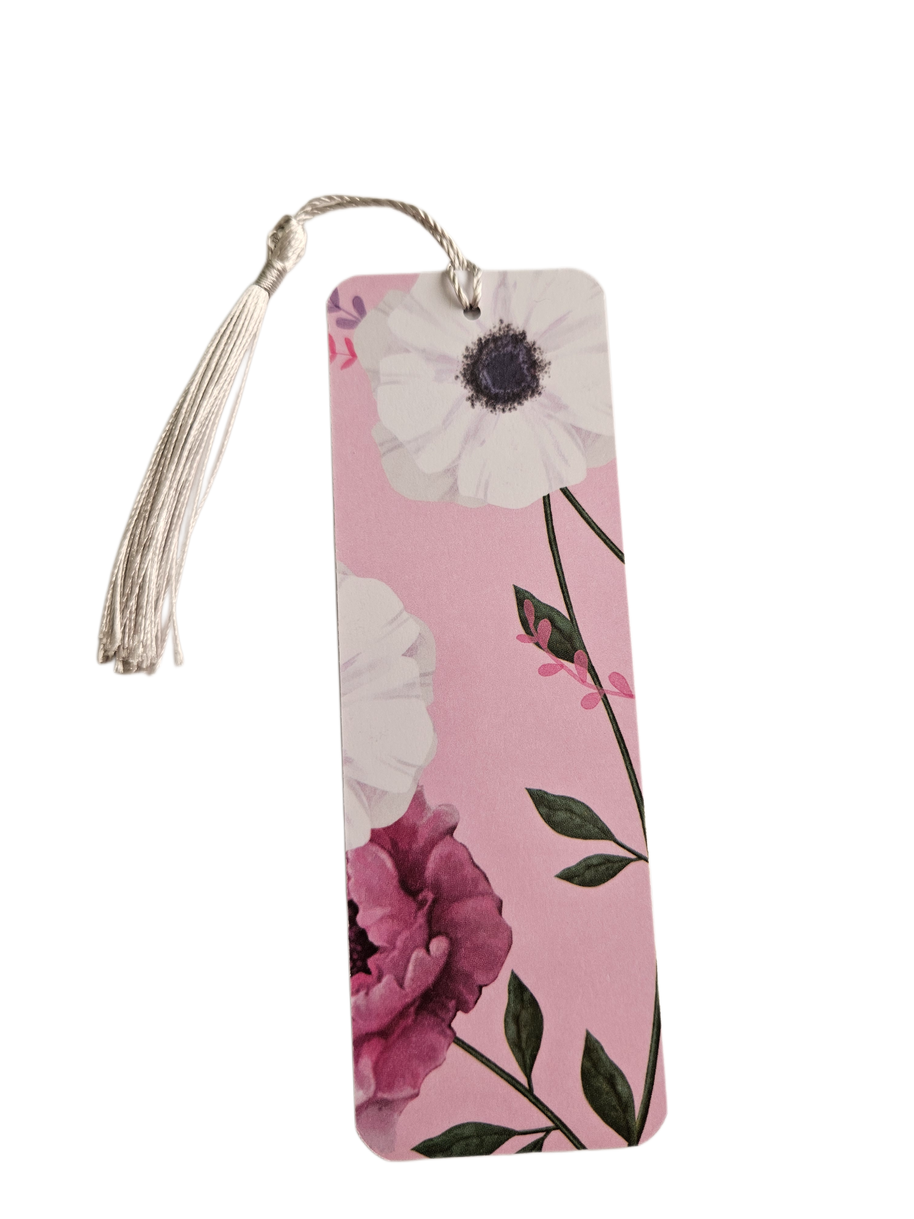 Handmade Laminated Bookmark with Tassel- Pink Peony and White Poppy