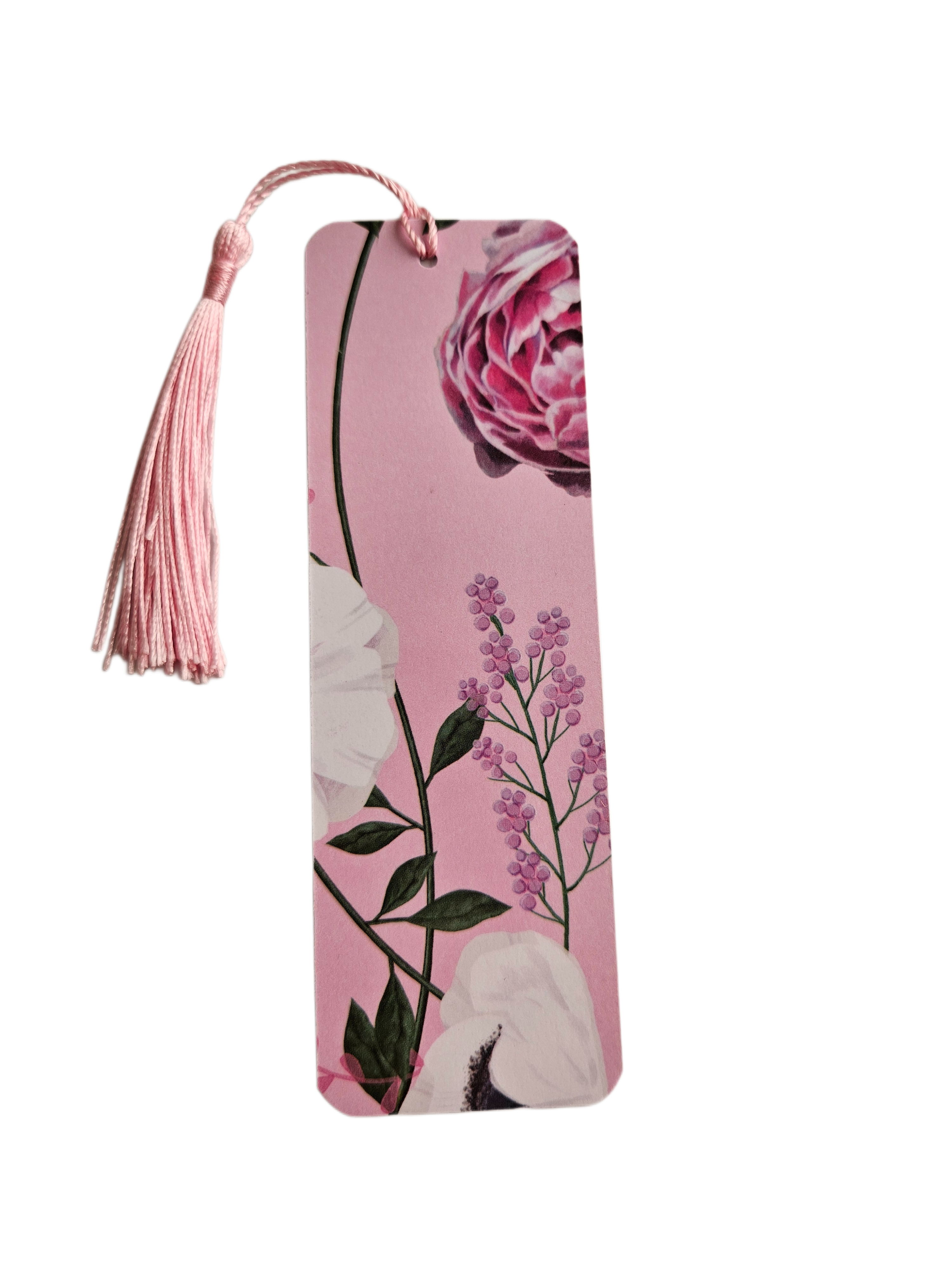 Handmade Laminated Bookmark with Tassel- Pink Peony and White Poppy