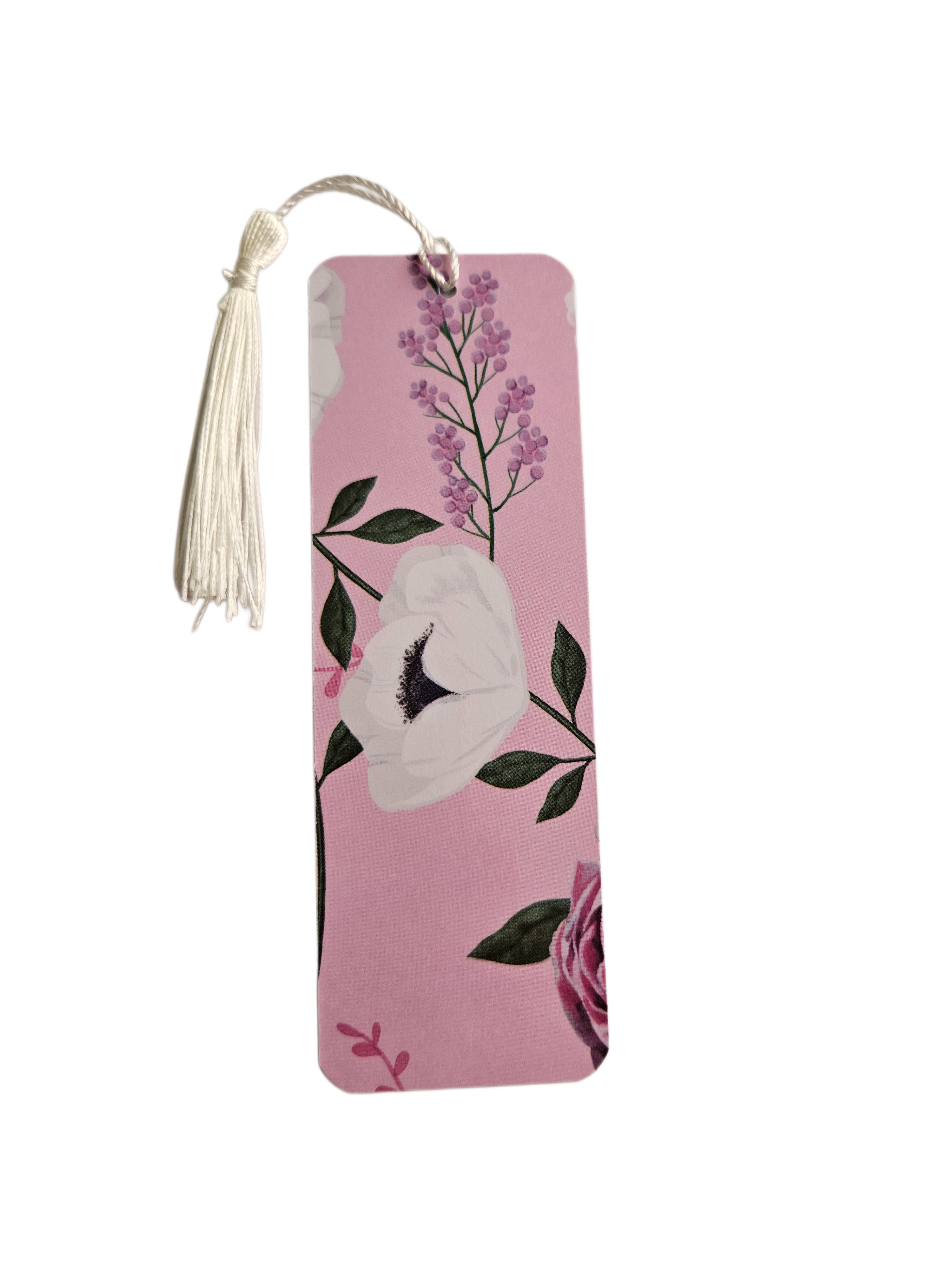 Handmade Laminated Bookmark with Tassel- Pink Peony and White Poppy