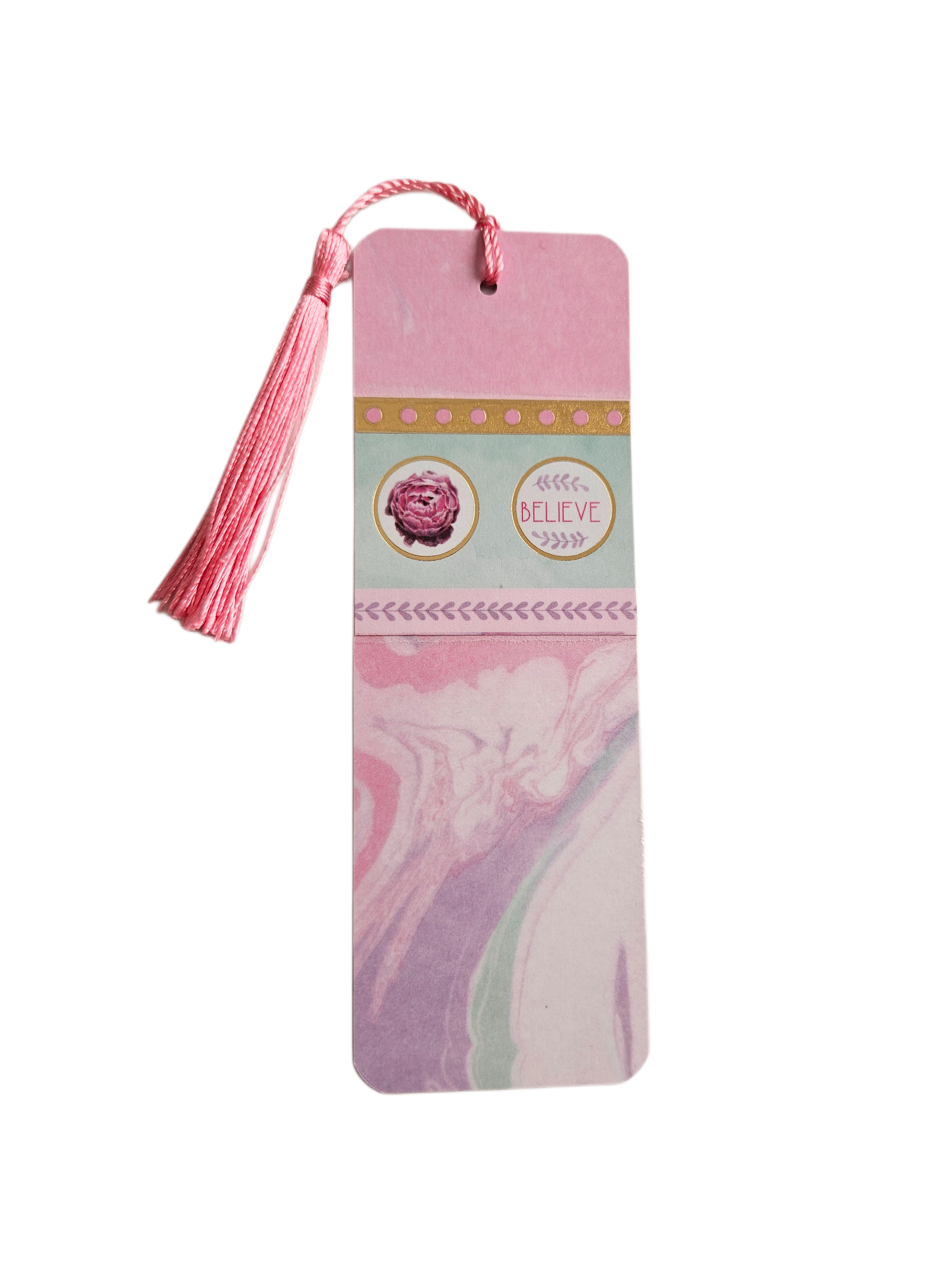 Handmade Laminated Bookmark with Tassel- Marble Peony with Sentiment