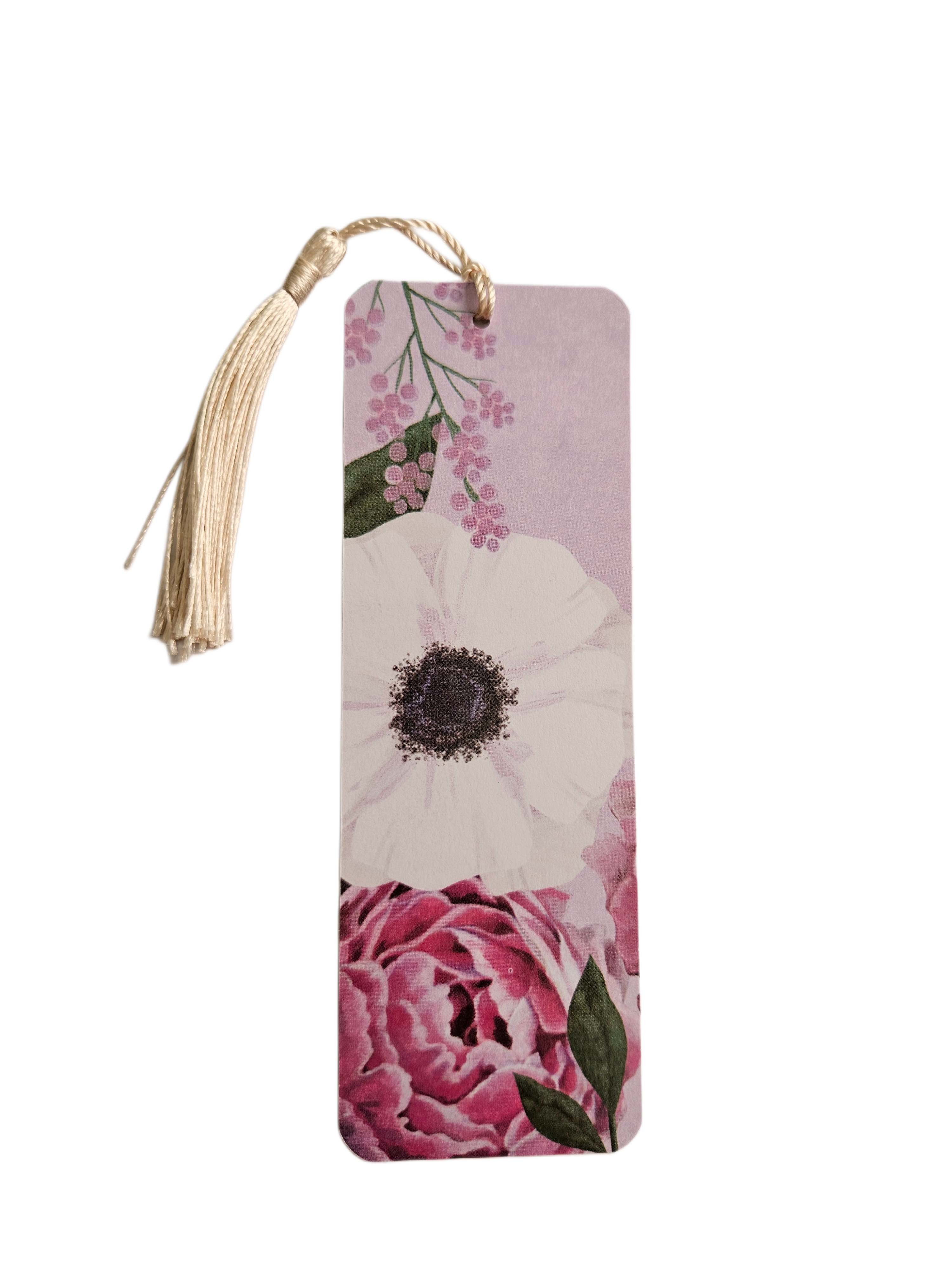 Handmade Laminated Bookmark with Tassel- Pink Peony and White Poppy