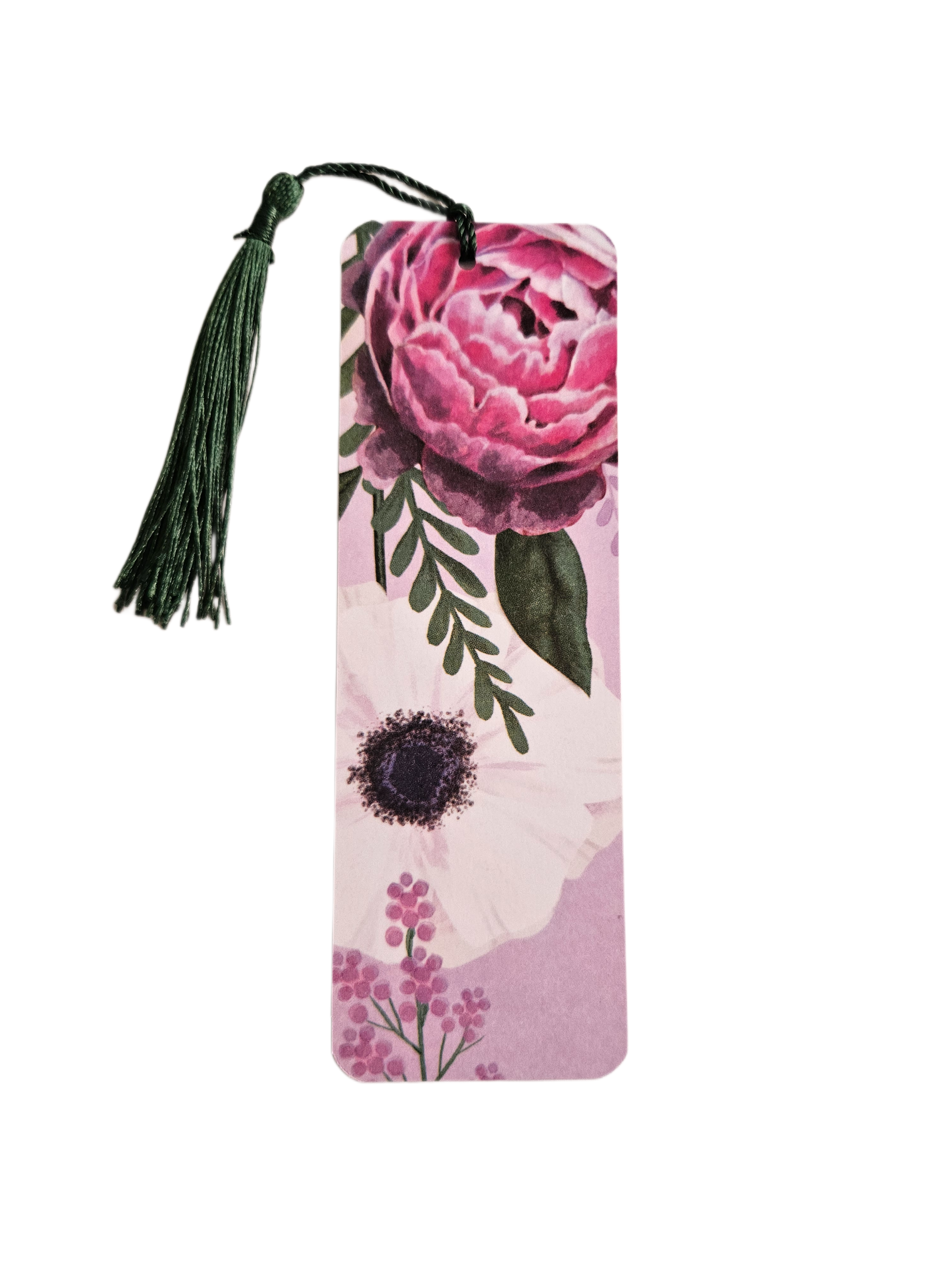 Handmade Laminated Bookmark with Tassel- Pink Peony and White Poppy
