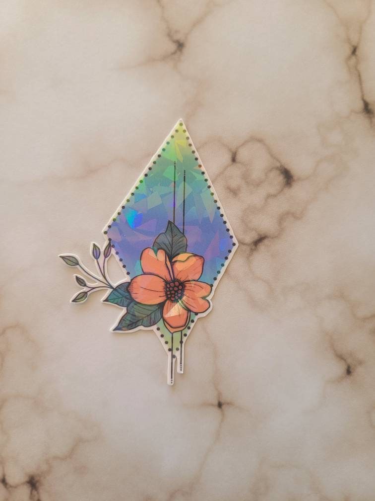 Holographic Pink Flower Geometric Diamond- Vinyl Sticker