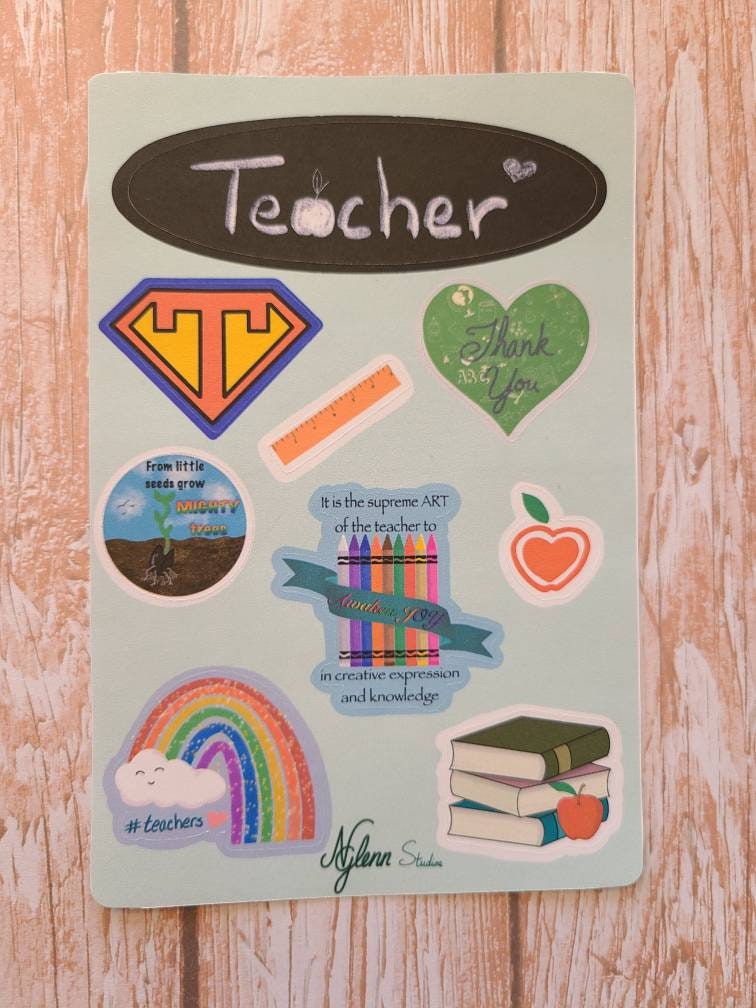 Teacher Appreciation Sticker Sheet, 4 inch x 6 inch, Multi Colored, Journaling Stickers, Laptop, Waterbottle, Scrapbook Stickers
