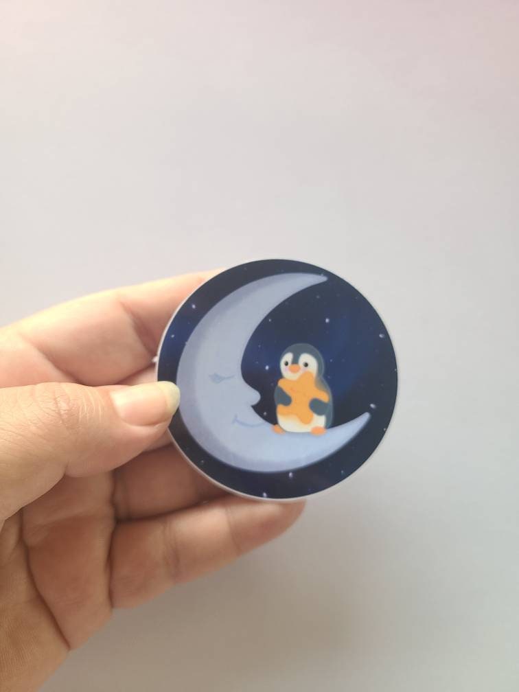 Cute Penguin on Moon with Fallen Star - Vinyl Sticker