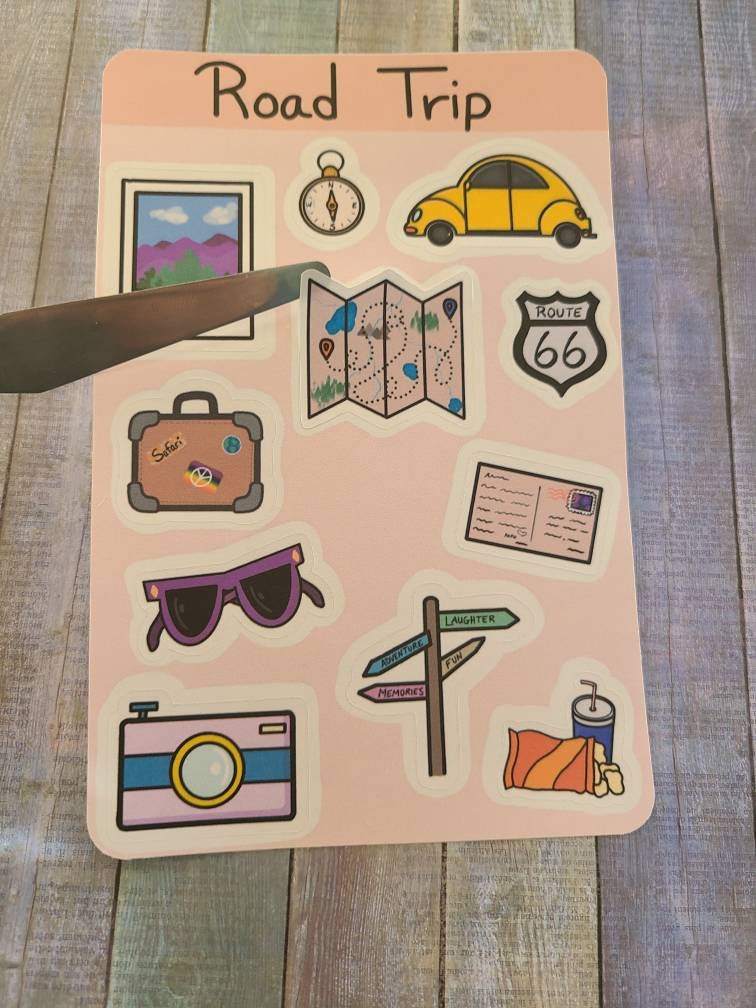 Road Trip Travel Sticker Sheet, 4 inch x 6 inch, Multi Colored, Journaling Dtickers, Laptop, Waterbottle, Scrapbook Stickers