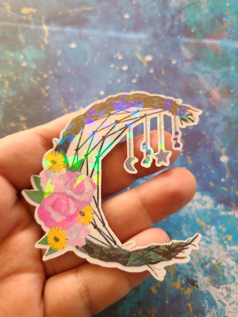 Floral Wreath Cresent Dreamcatcher with Peonies and Daisies with Moon and Star Charms - Laminated Vinyl Sticker