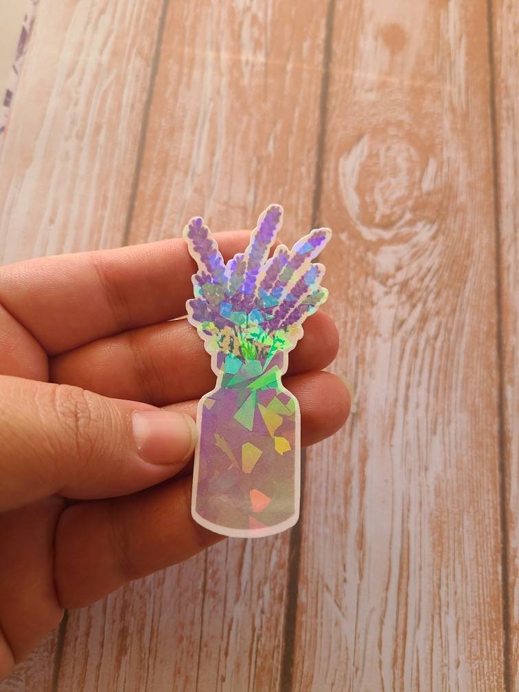 Lavender and White Flowers in Painted Vase- Vinyl Sticker