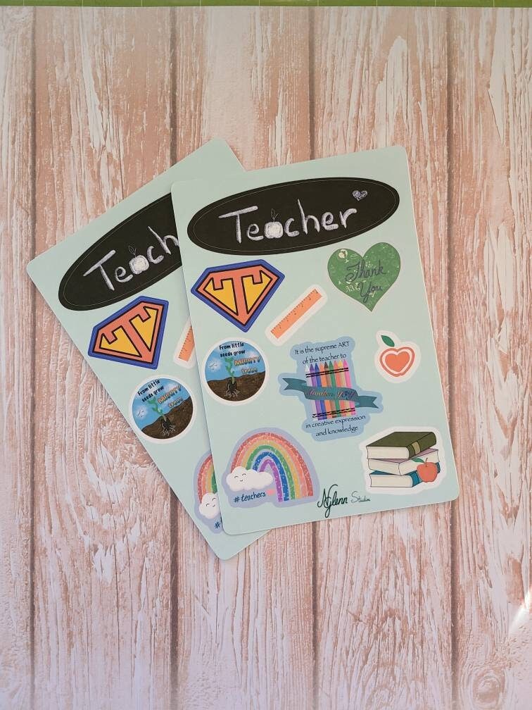 Teacher Appreciation Sticker Sheet, 4 inch x 6 inch, Multi Colored, Journaling Stickers, Laptop, Waterbottle, Scrapbook Stickers