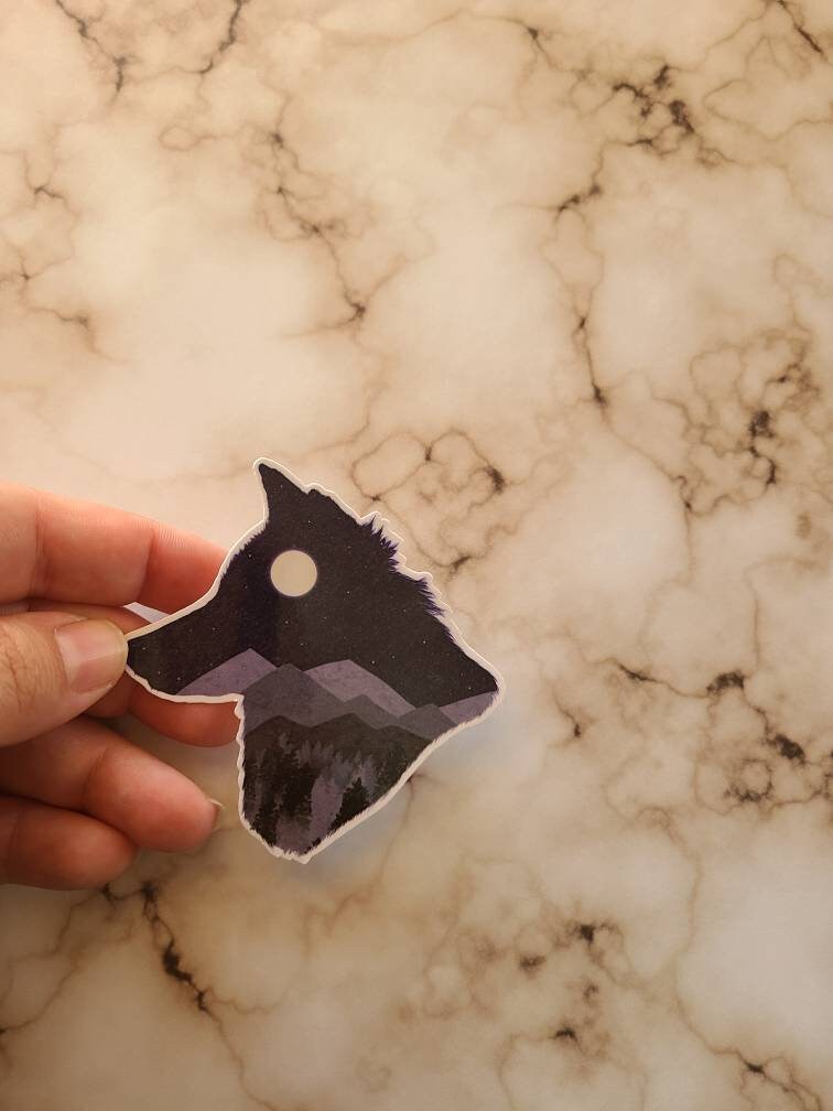 Wolf Head Silhouette with Full Moon and Mountains - Vinyl Sticker
