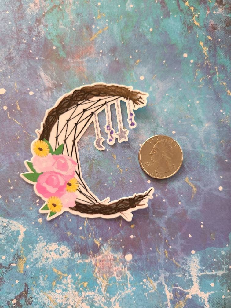 Floral Wreath Cresent Dreamcatcher with Peonies and Daisies with Moon and Star Charms - Laminated Vinyl Sticker