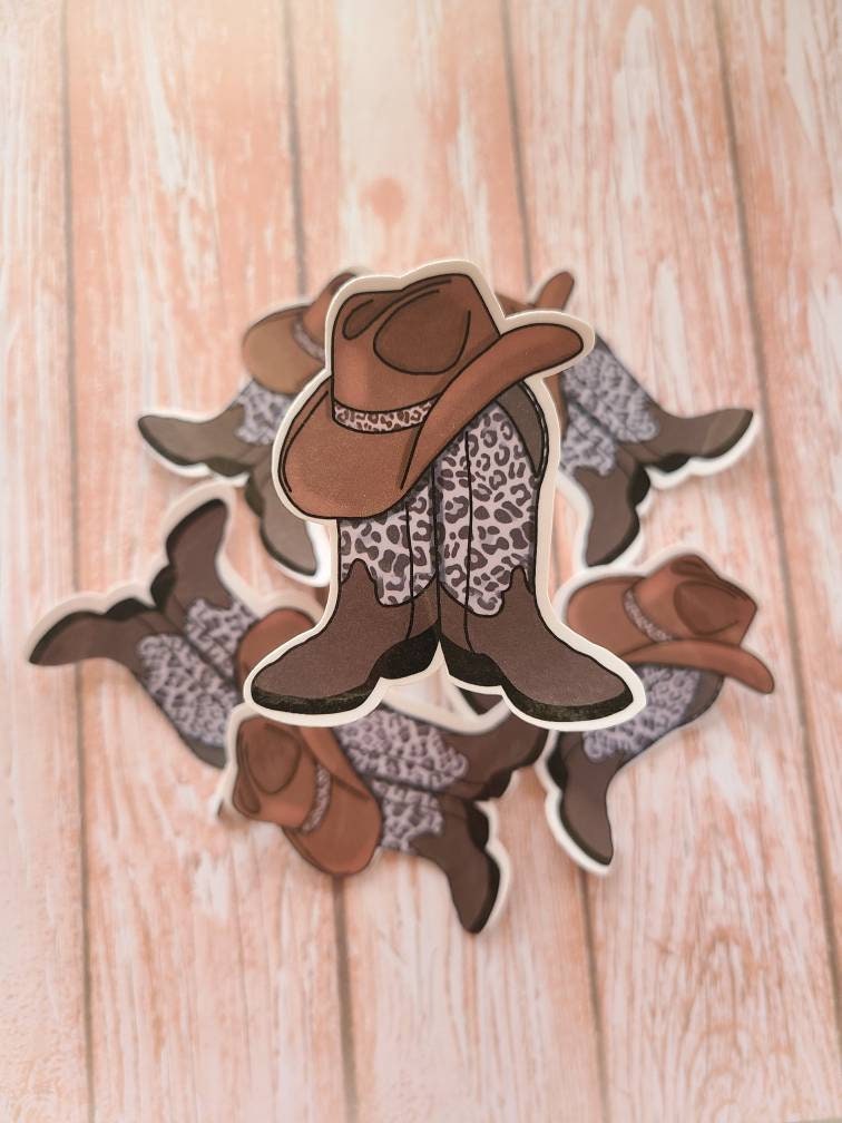 Leopard Print Western Cowboy Boots with Hat - Vinyl Sticker