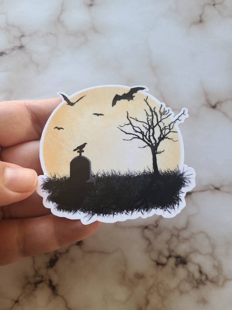 Spooky Halloween Full Moon Tombstone - Vinyl Sticker
