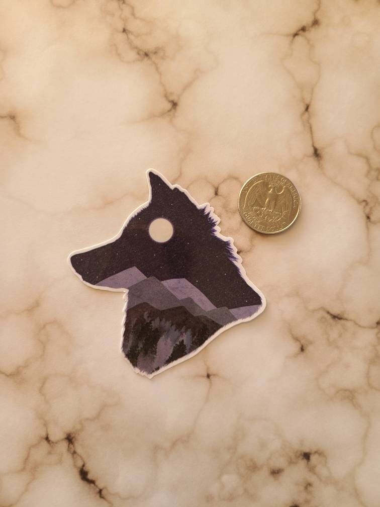 Wolf Head Silhouette with Full Moon and Mountains - Vinyl Sticker