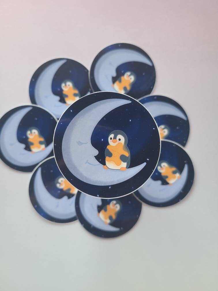 Cute Penguin on Moon with Fallen Star - Vinyl Sticker