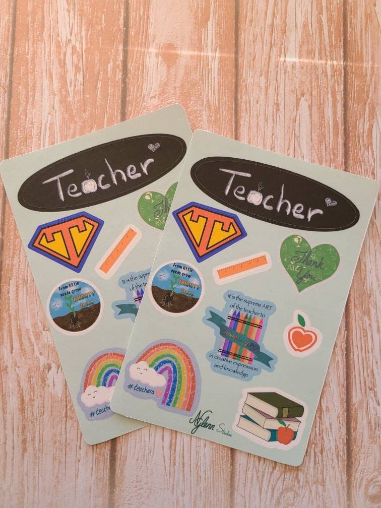 Teacher Appreciation Sticker Sheet, 4 inch x 6 inch, Multi Colored, Journaling Stickers, Laptop, Waterbottle, Scrapbook Stickers