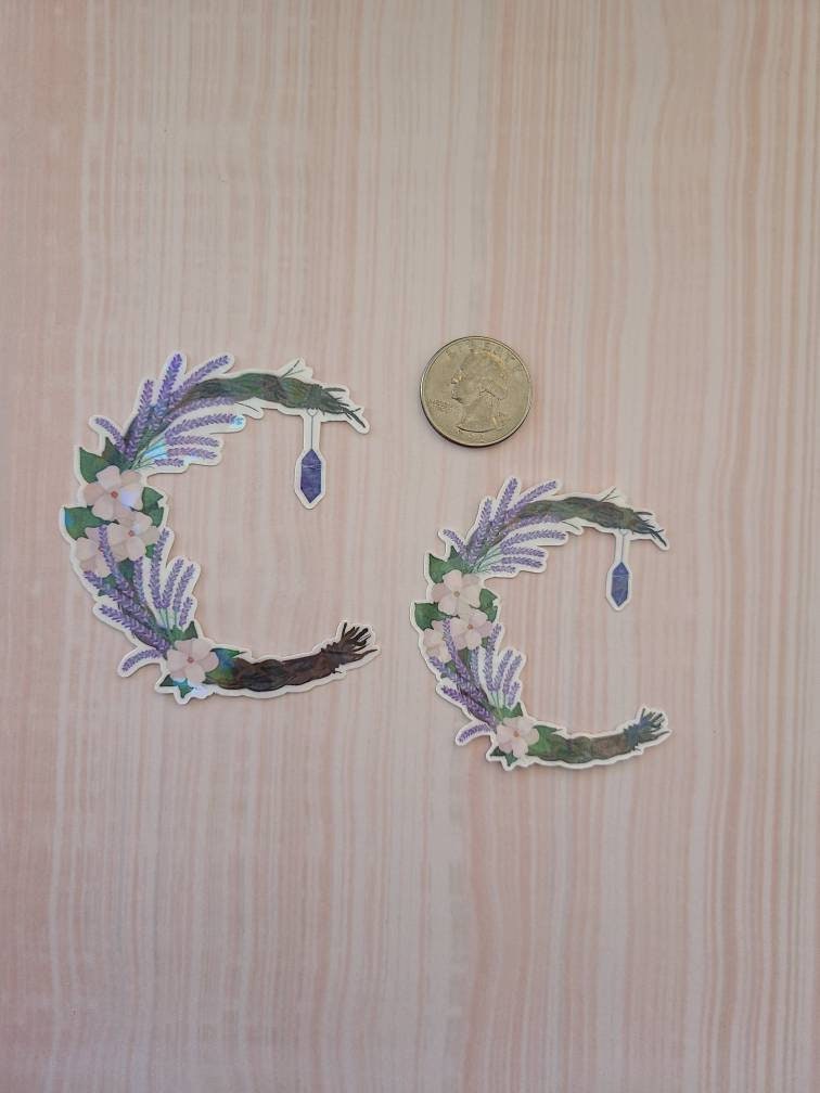 Lavender Cresent Wreath with Hanging Purple Crystal - Laminated Vinyl Sticker