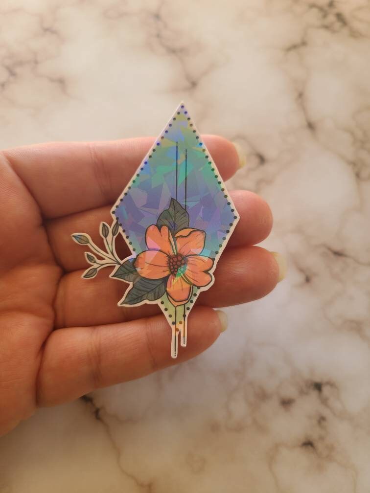 Holographic Pink Flower Geometric Diamond- Vinyl Sticker