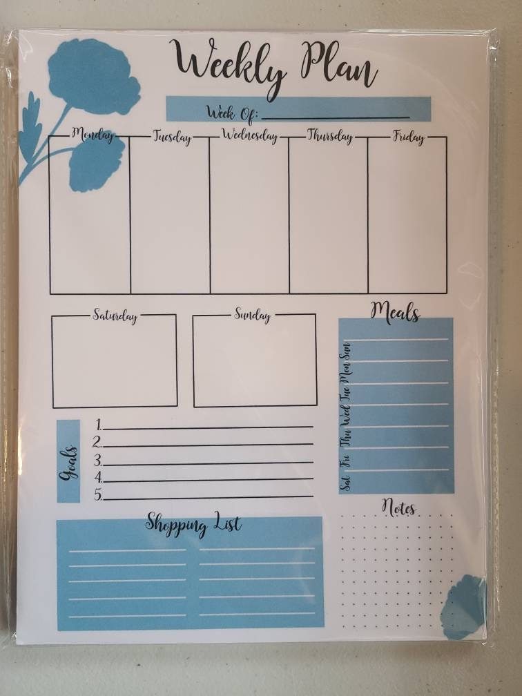 Weekly Planner Notepad- Blue Poppy (53 sheets) 8.5" x 11"