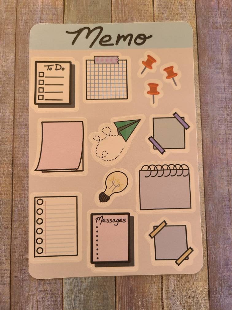 Memo To-Do Notes - Sticker Sheet, 4 inch x 6 inch, Multi Colored, Journaling Stickers, Laptop, Waterbottle, Scrapbook Stickers