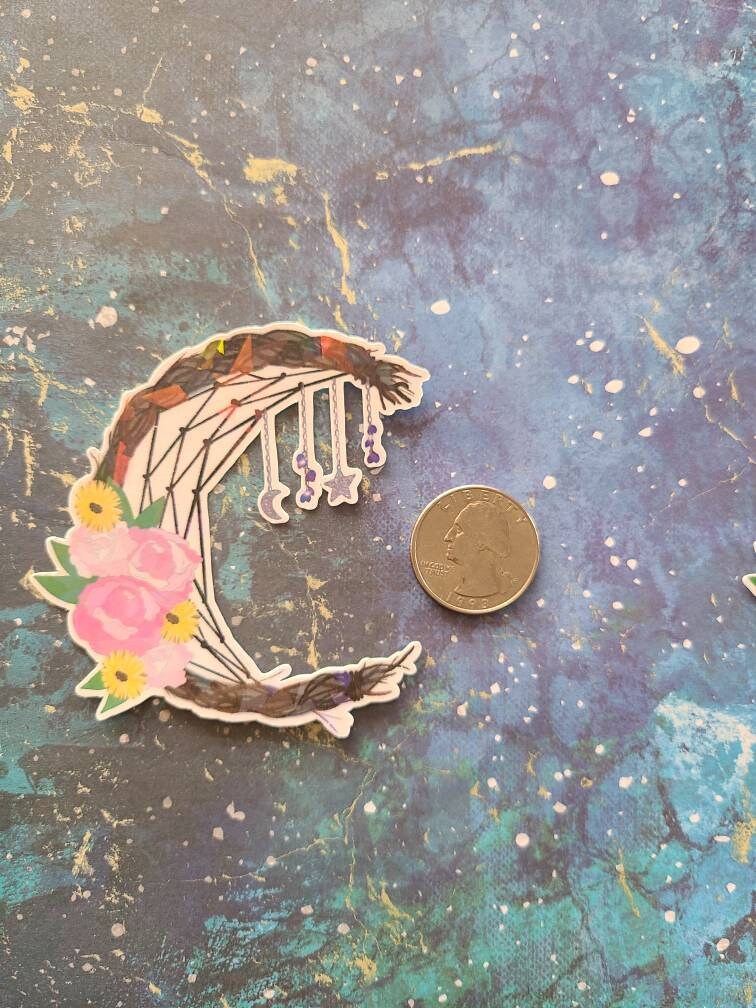 Floral Wreath Cresent Dreamcatcher with Peonies and Daisies with Moon and Star Charms - Laminated Vinyl Sticker