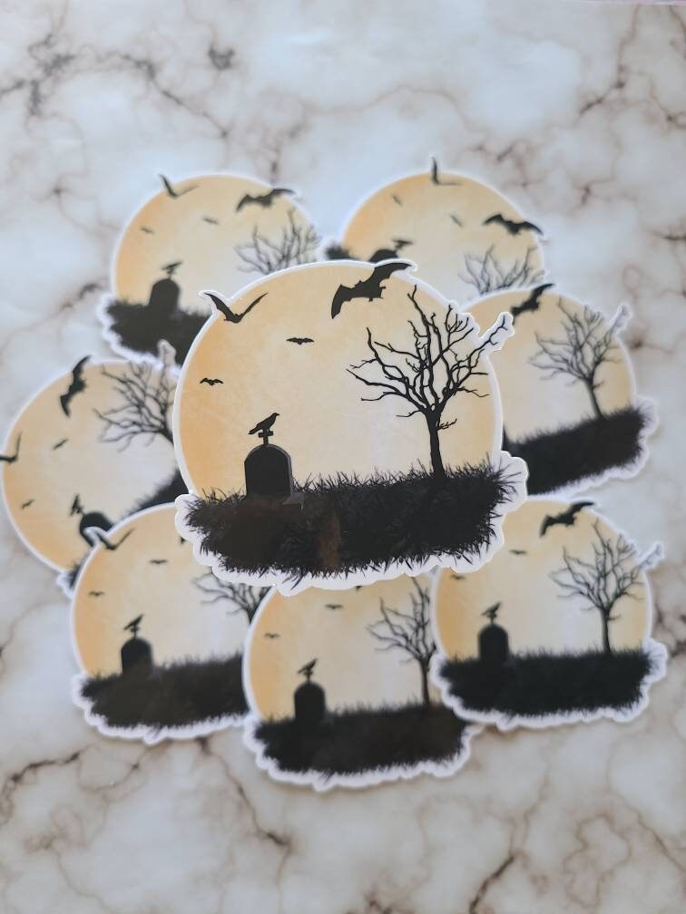 Spooky Halloween Full Moon Tombstone - Vinyl Sticker