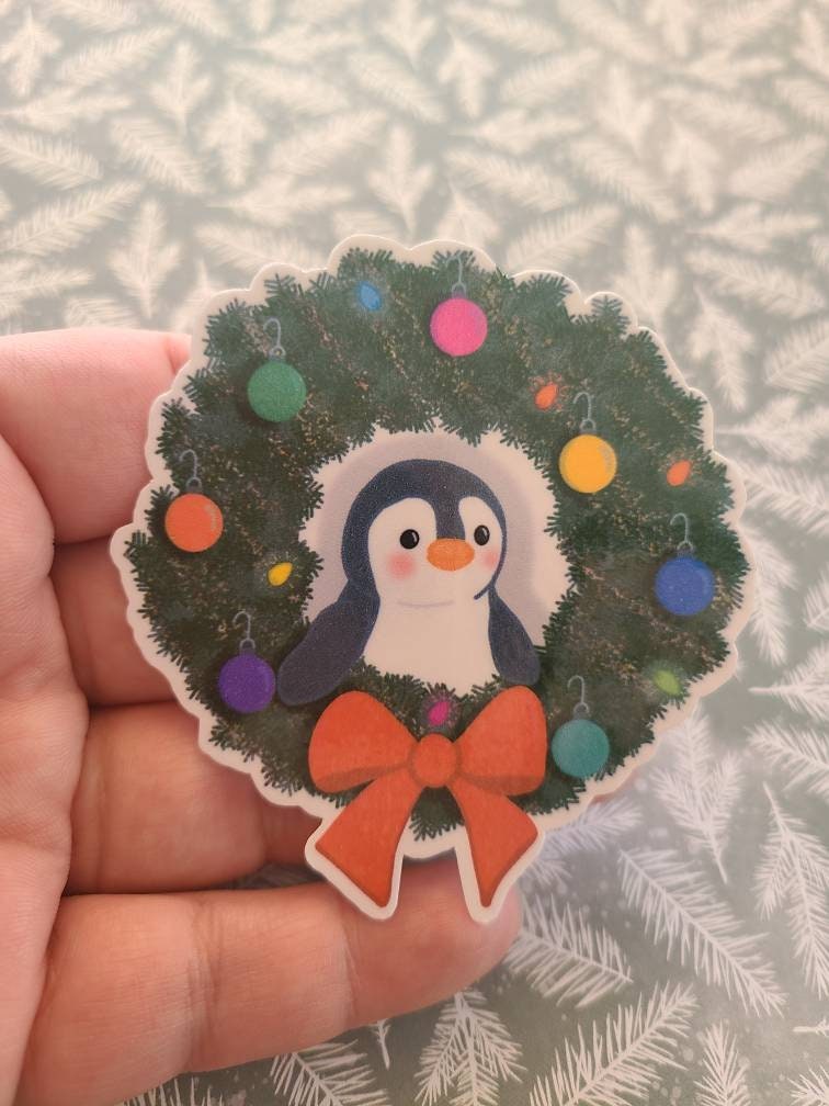 Cute Christmas Penguin in a Holiday Wreath - Vinyl Christmas Sticker