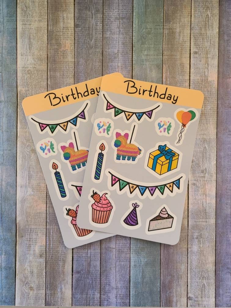 Happy Birthday Fun Sticker Sheet, 4 inch x 6 inch, Multi Colored, Journaling Stickers, Laptop, Waterbottle, Scrapbook Stickers