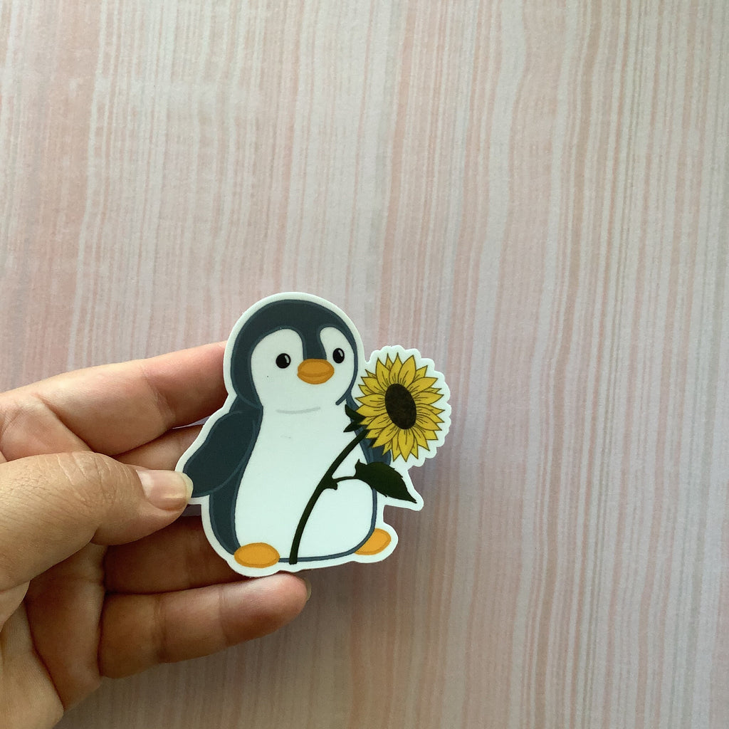 Cute Penguin with Sunflower - Vinyl Sticker