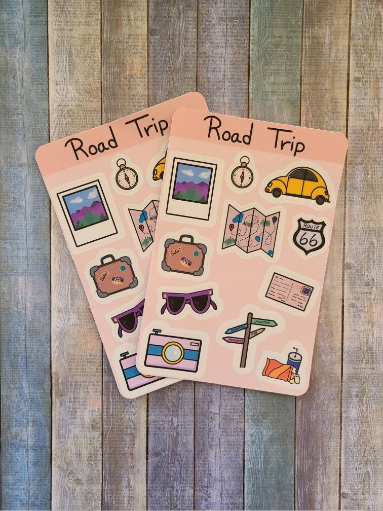 Road Trip Travel Sticker Sheet, 4 inch x 6 inch, Multi Colored, Journaling Dtickers, Laptop, Waterbottle, Scrapbook Stickers