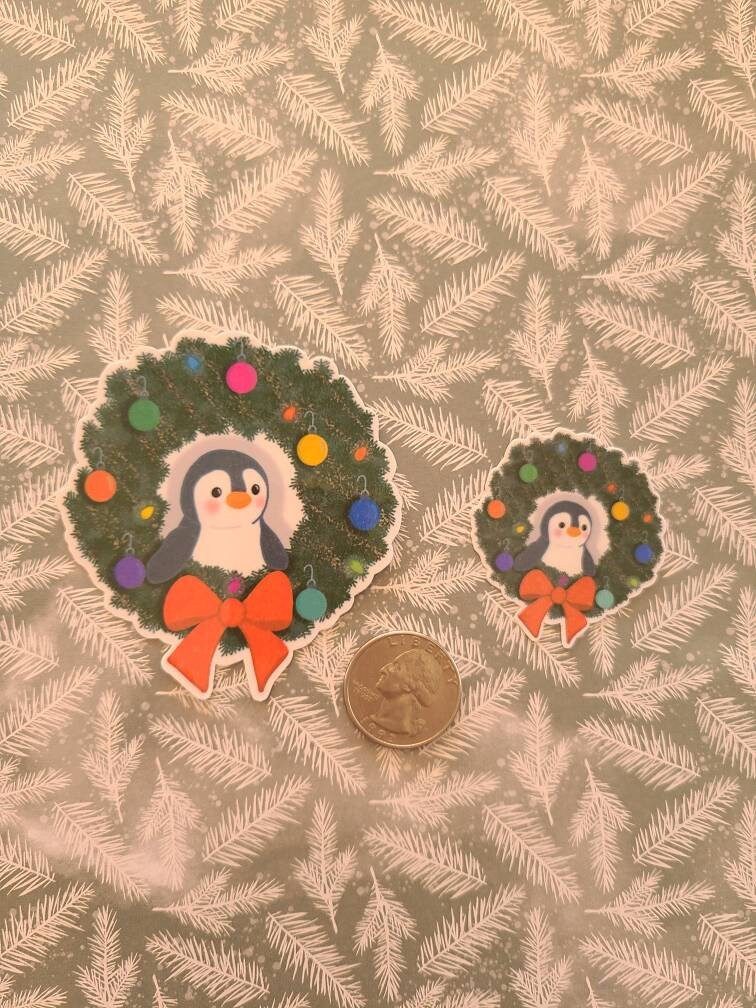 Cute Christmas Penguin in a Holiday Wreath - Vinyl Christmas Sticker