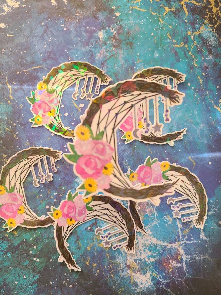 Floral Wreath Cresent Dreamcatcher with Peonies and Daisies with Moon and Star Charms - Laminated Vinyl Sticker