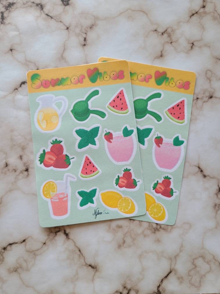 Summer Vibes Sticker Sheet, 4 inch x 6 inch, Multi Colored, Journaling Dtickers, Laptop, Waterbottle, Scrapbook Stickers