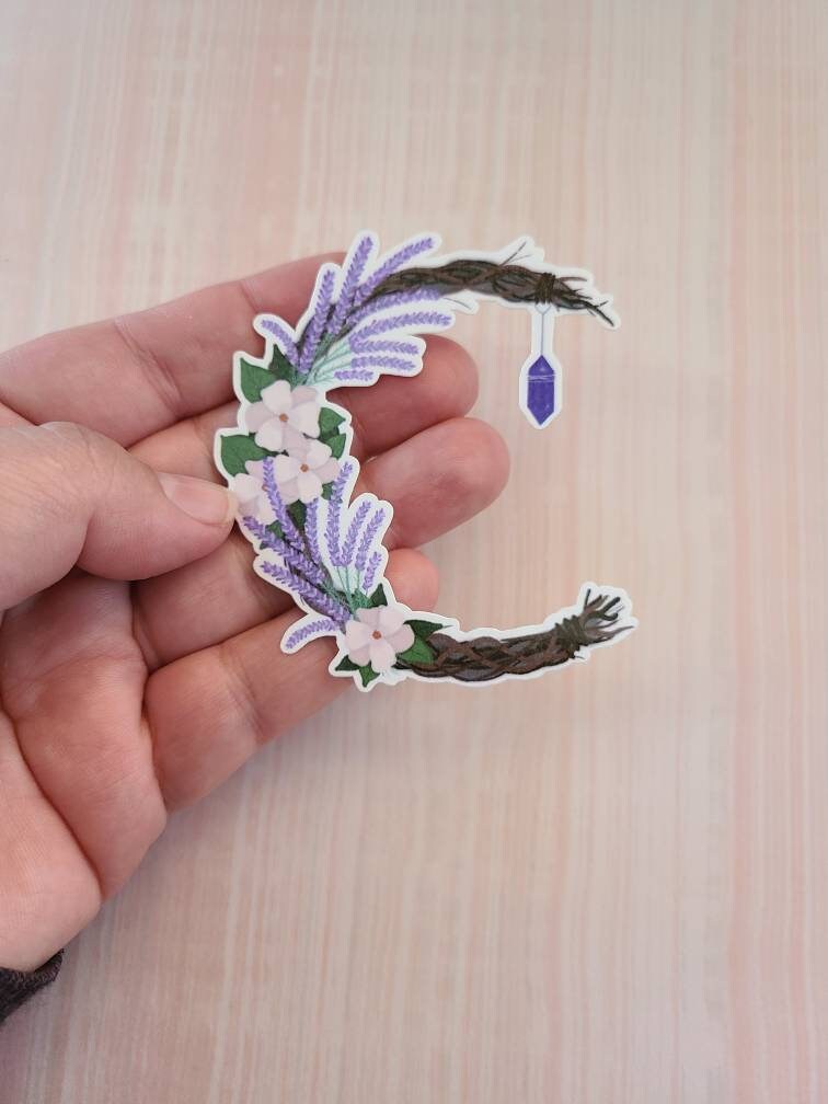 Lavender Cresent Wreath with Hanging Purple Crystal - Laminated Vinyl Sticker