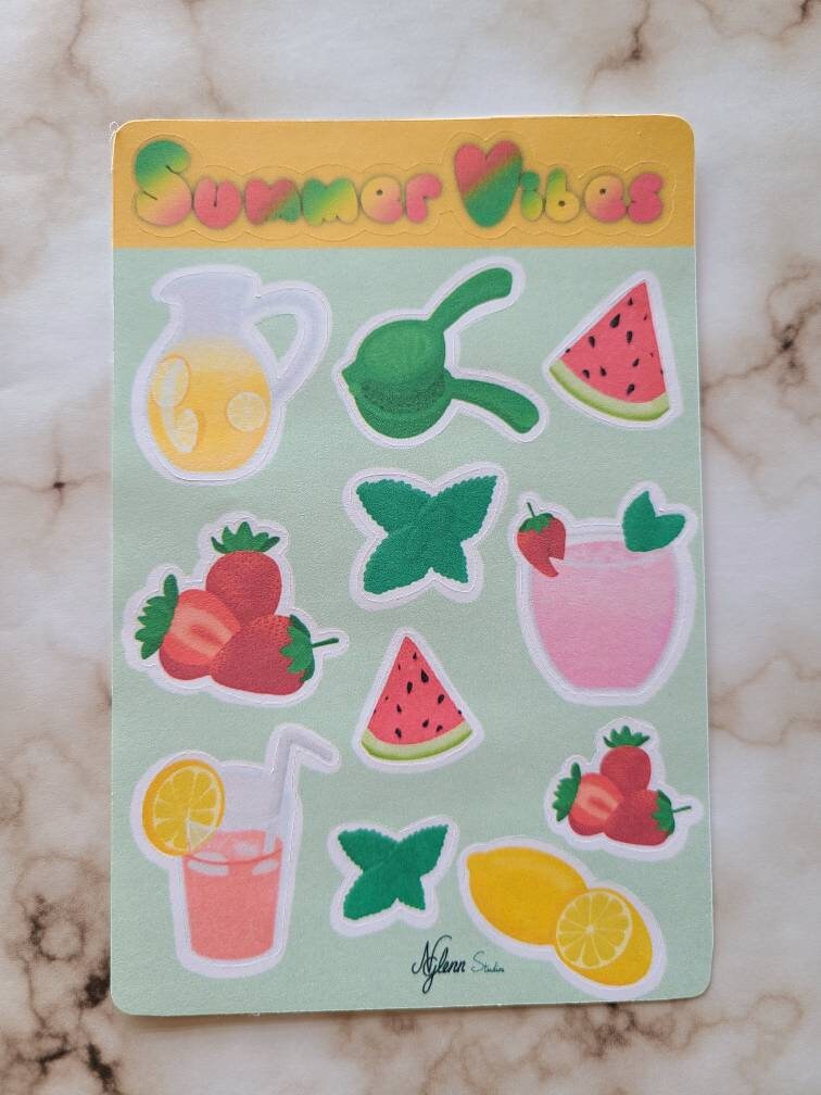 Summer Vibes Sticker Sheet, 4 inch x 6 inch, Multi Colored, Journaling Dtickers, Laptop, Waterbottle, Scrapbook Stickers