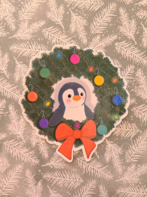 Cute Christmas Penguin in a Holiday Wreath - Vinyl Christmas Sticker