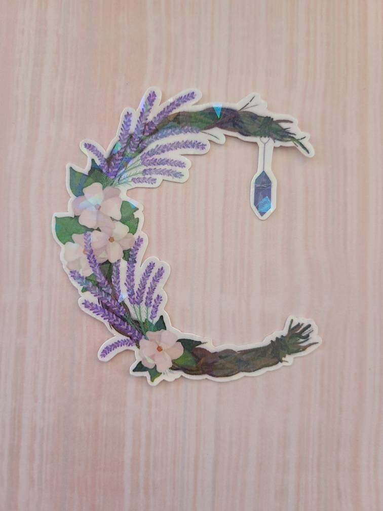 Lavender Cresent Wreath with Hanging Purple Crystal - Laminated Vinyl Sticker