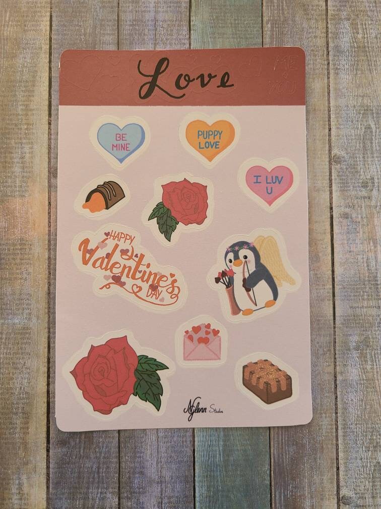 Valentine's Day Love Sticker Sheet, 4 inch x 6 inch, Multi Colored, Journaling Stickers, Laptop, Waterbottle, Scrapbook Stickers
